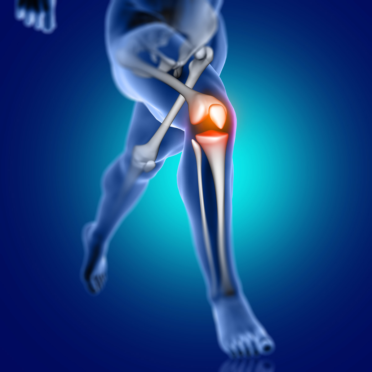 3D render of a male medical figure running with knee bone highlighted